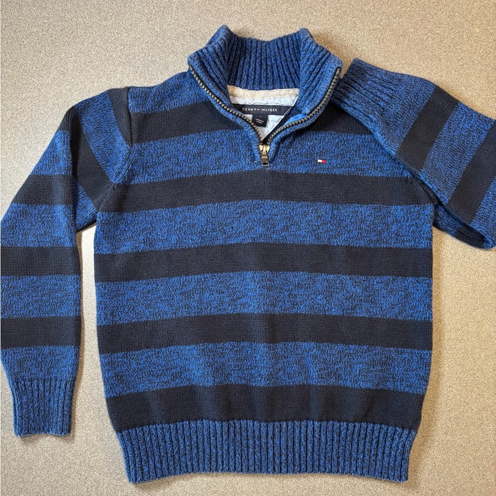 Tommy Hilfiger Blue and Black Zip-Up Sweater‎ Boys 7 100% cotton. Preppy